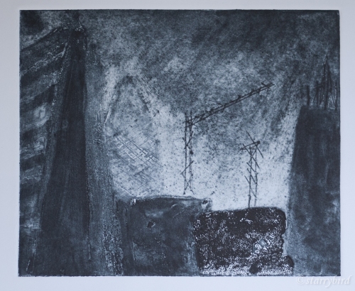 Collagraph using a variety of mediums, some burnt for extra texture, with some drypoint